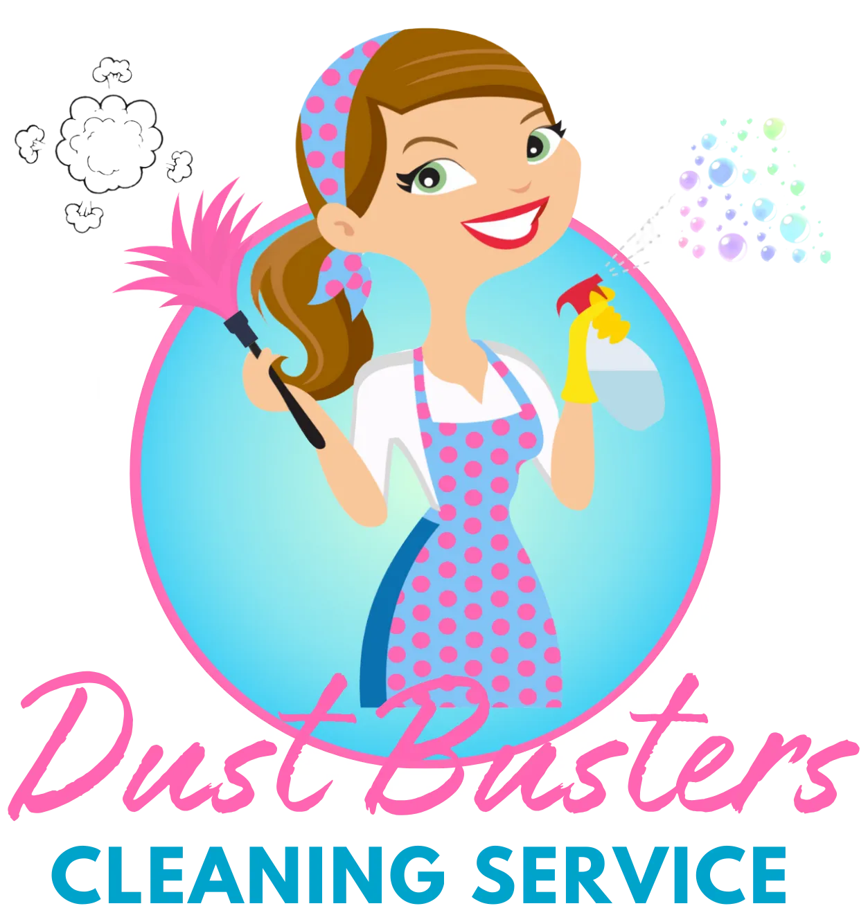 Dust Busters Cleaning Service logo featuring a cheerful cleaner with a feather duster and spray bottle.